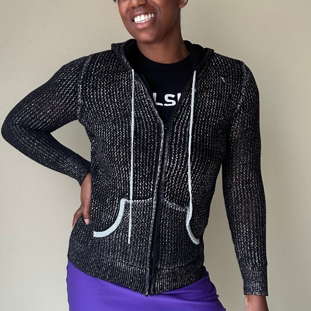 Just B Y2K Black and Silver Open Knit Zip Up Hoodies Size Small